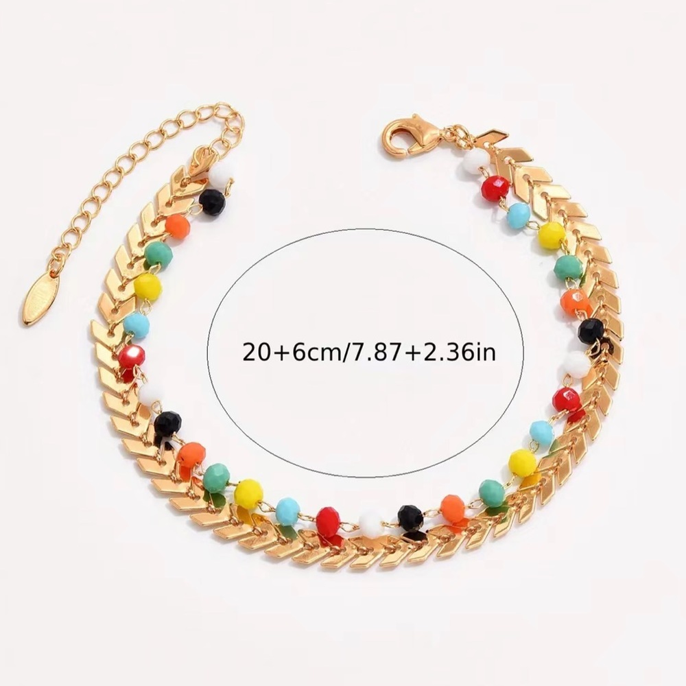 Double Layers Chain Anklet With Colorful Beads| Gold Plated Ankle Bracelet Set - Picture 3 of 5